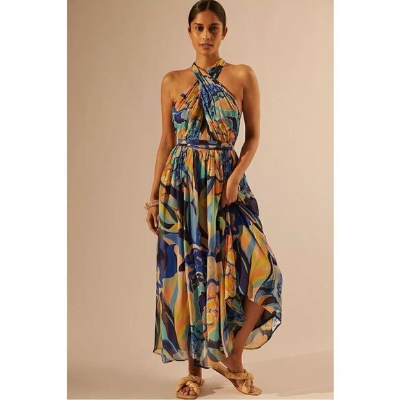 Anthropologie Dresses & Skirts - NEW Anthropologie Alexandra Farmer Boho Ruhced Halter Low Back Maxi Dress Small